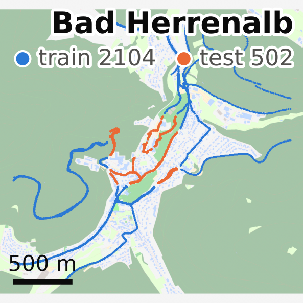 Bad Herrenalb region with train and test routes on OSM