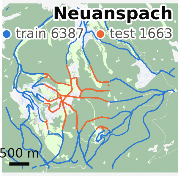 Neuanspach region with train and test routes on OSM
