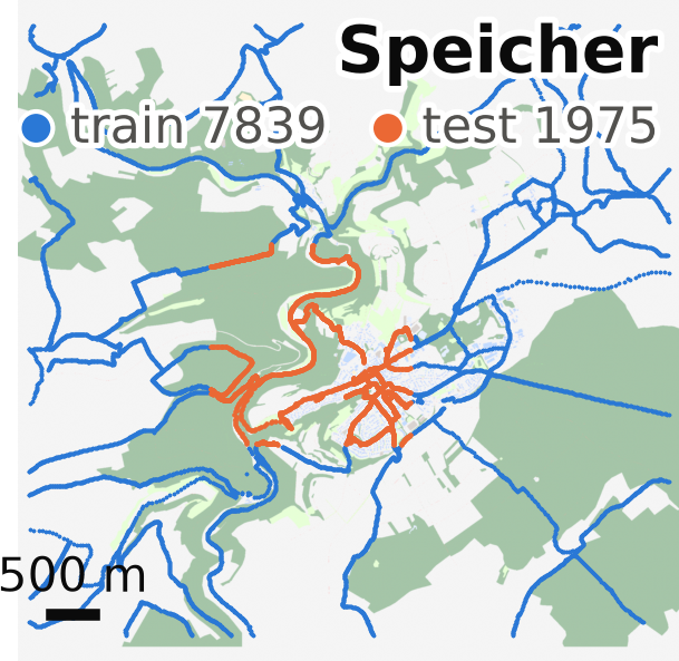 Speicher region with train and test routes on OSM