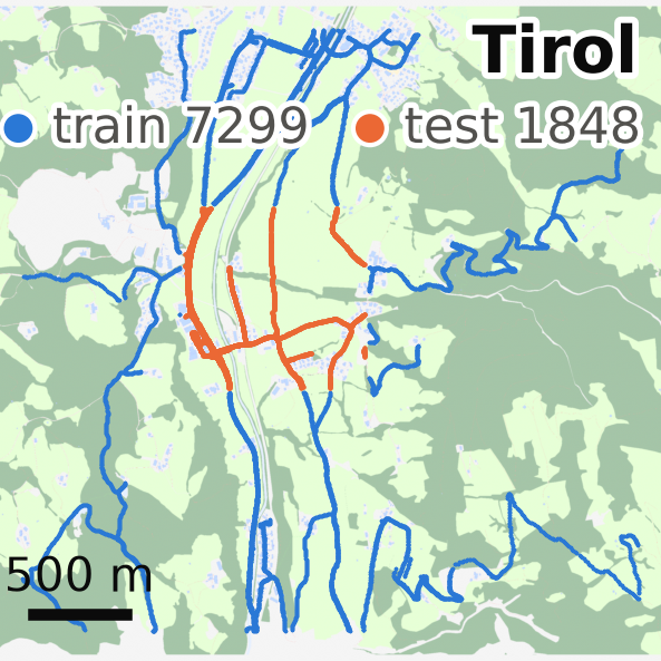 Tirol region with train and test routes on OSM